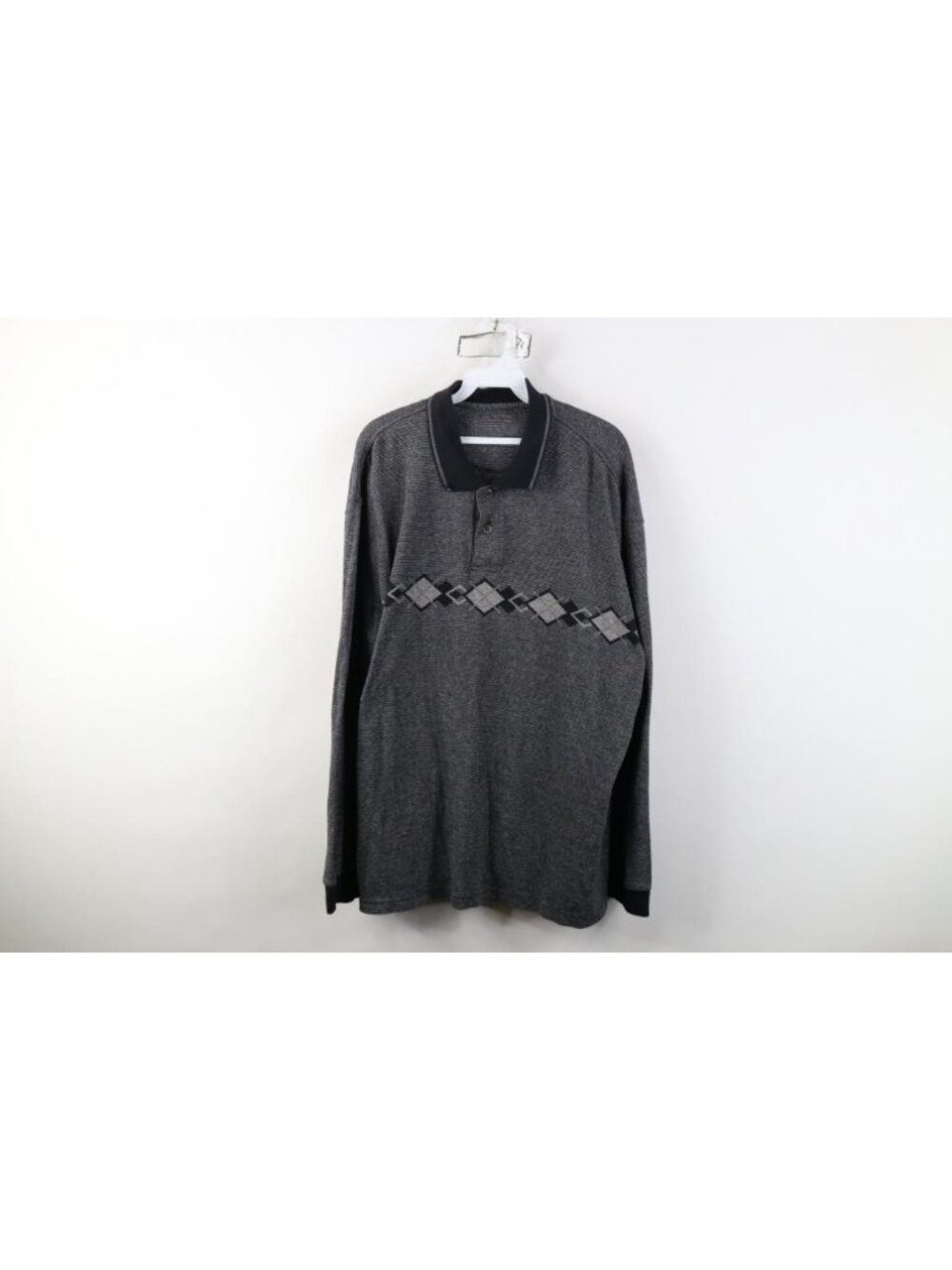 Vintage 90s Streetwear Mens XL Argyle Diamond Knit Long Sleeve Rugby Polo Shirt